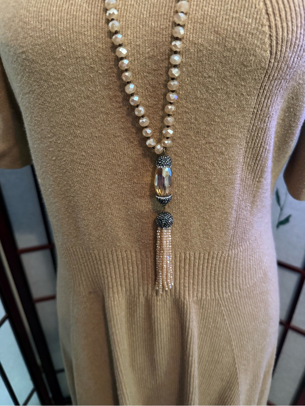 Neutral Beige Beaded Tassel Necklace - Elegant Women's Jewelry